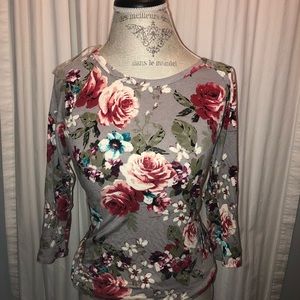 Long sleeved, ruched, flower shirt